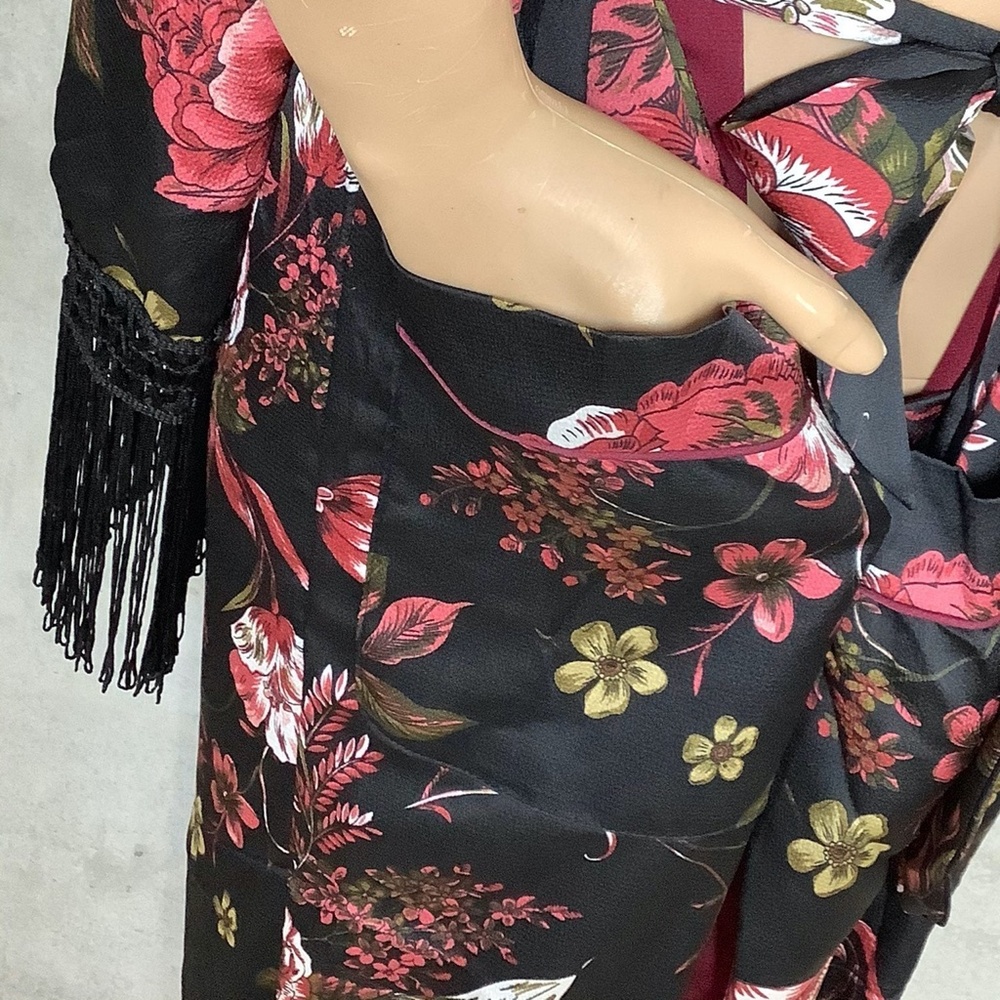 🌸KIMONO ROBE LONG MAXI FLOWER BOHO FRINGE SILK - Picture 6 of 12